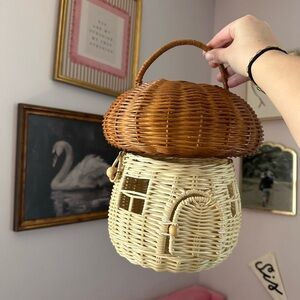 Charming Wicker House-Shaped Mushroom Bag - Brown and Cream